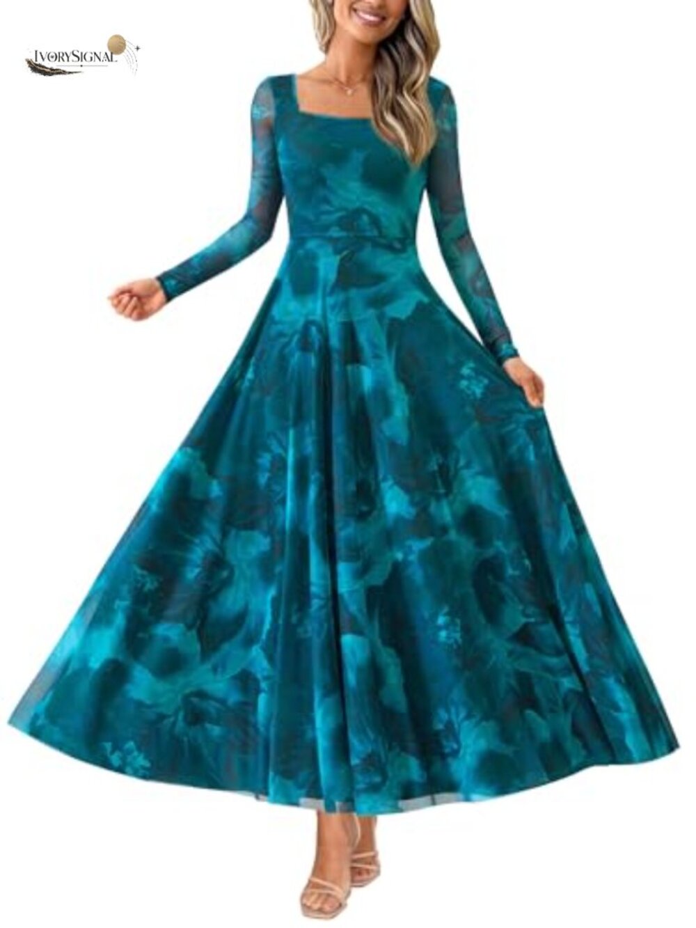 Women's Boho Maxi Dress Long Sleeve Square Neck A-Line Flowy Formal